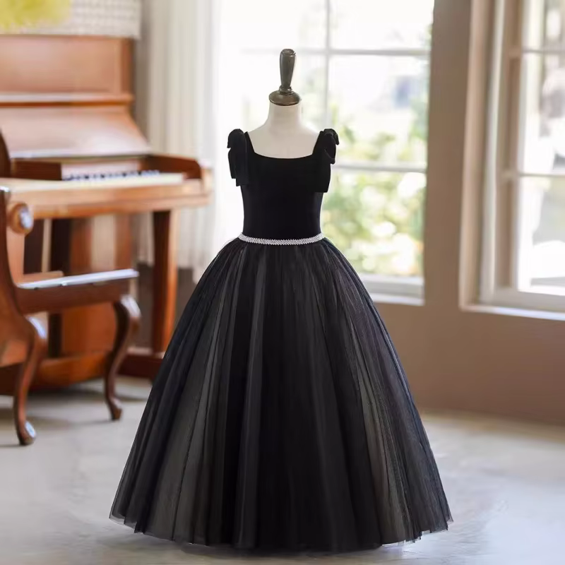 Black Hepburn Style Girls' Dress High-End Piano Playing Violin Costume Children's Birthday Host Princess Dress