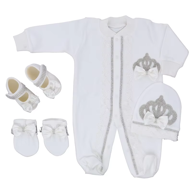 Luxury Baby Royal Romper 0-9 Months 4Pcs Pure White Silver Glitter Crown Lace Trim Satin Bow Footed Jumpsuit Boutique Gift