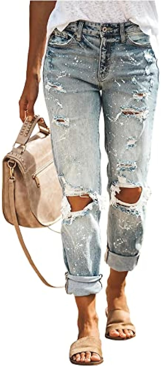 HETIPR Women’s Ripped Boyfriend Jeans Mid Rise Loose Fit Distressed Stretchy Denim Pants