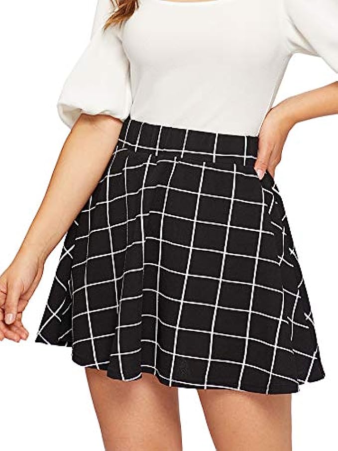 SheIn Women’s Women’s Basic Plaid Flared Mini Skater Skirt