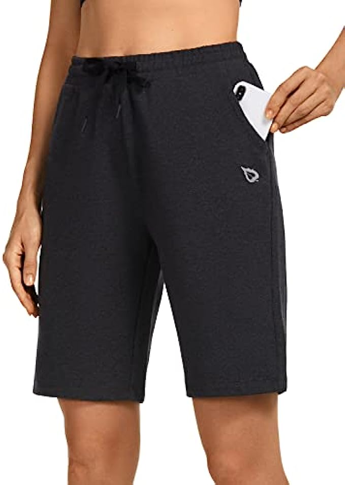 BALEAF Women’s Bermuda Cotton Long Shorts with Pockets Knee Length Athletic Jersey Walking Lounge Shorts 2.0