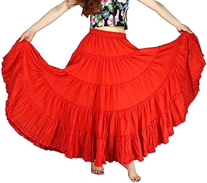 YSJERA Women’s Cotton 5 Tiered A Line Pleated Maxi Skirt Long Boho Gypsy Dance Skirts