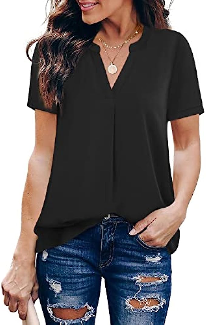 Timeson Women’s V Neck Short Sleeve Curved Hem Sheer Chiffon Blouse Shirts Tops