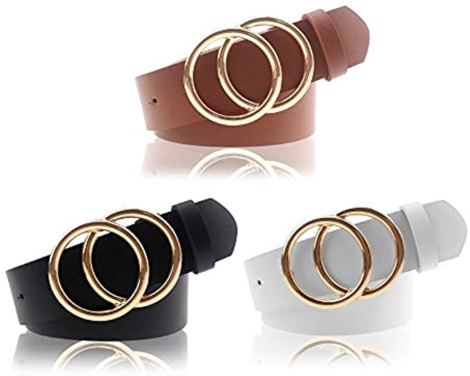 Udekit Women’s PU Leather Belt Double O Ring Soft Faux Leather Waist Belt