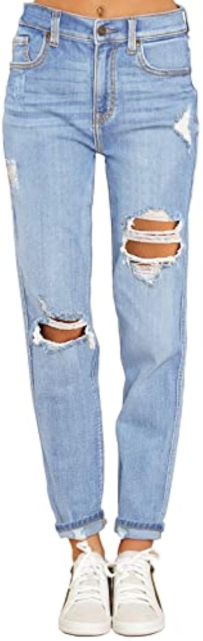 GRAPENT Women’s Casual High Waisted Mom Jeans Ripped Stretchy Tapered Denim Pants