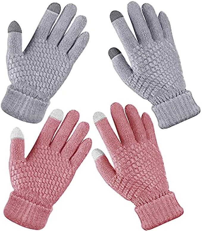 2 Pairs Women’s Winter Touchscreen Gloves Warm Fleece Lined Knit Gloves Elastic Cuff Winter Texting Gloves