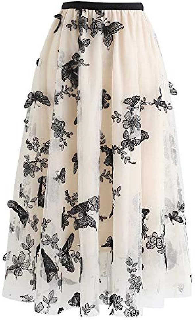 CHICWISH Women’s Caramel/Dusty Blue/White/Black 3D Posy Double-Layered Mesh Midi Skirt
