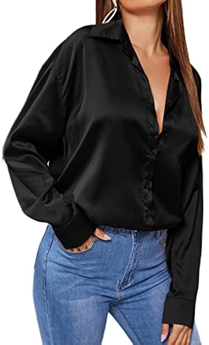 MakeMeChic Women’s Satin Silk Long Sleeve Blouse Button Down Shirt Casual Top