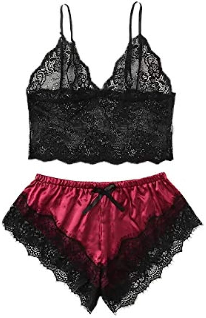 SOLY HUX Women’s Plus Size Spaghetti Strap Lace Trim Bralette and Shorts Sleepwear Pajama Lingerie Set