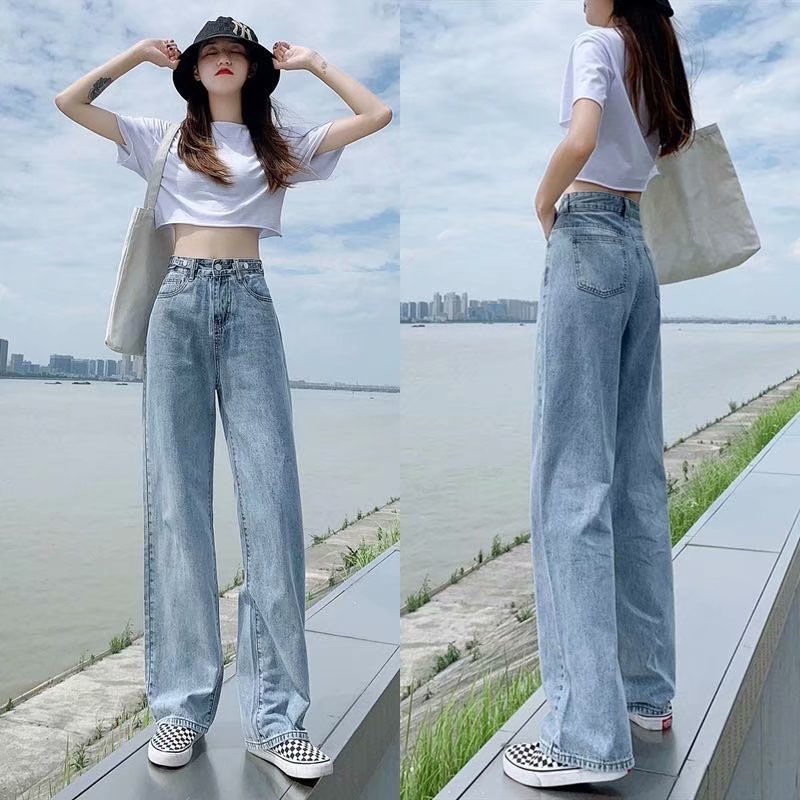 [OOTD wholesale] XS-2XL recommended by the store manager! Preferred high-waisted wide-leg jeans Women’s plus size slimming loose floor-length trousers Adjustable trousers design High-waisted deni