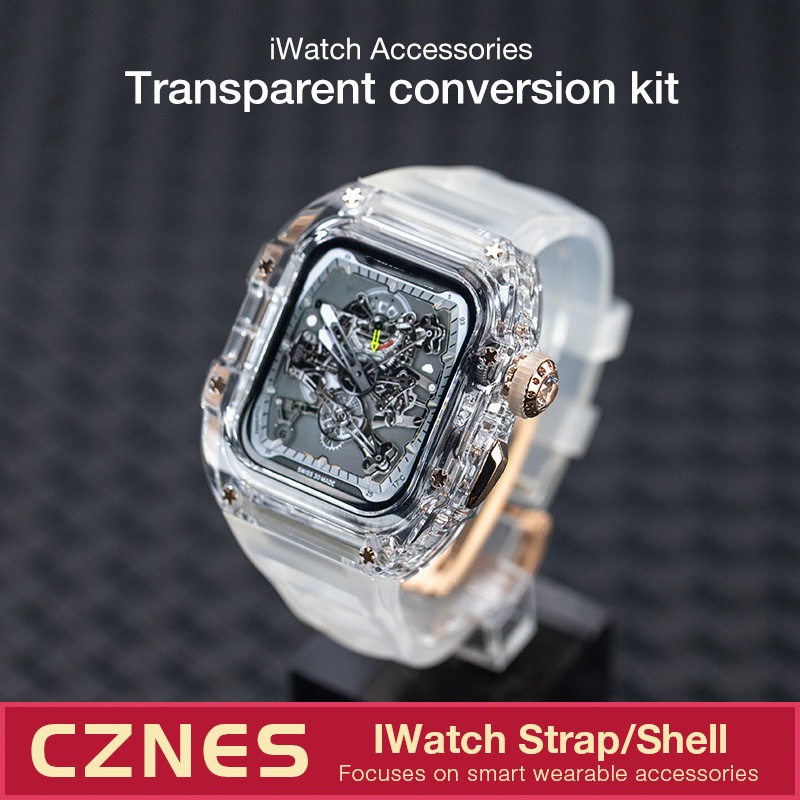[Upgraded Version] Transparent Modified Strap Transparent Case Suitable for IWatch Full Range 44mm 45mm 49mm Rubber Strap Men’s Strap