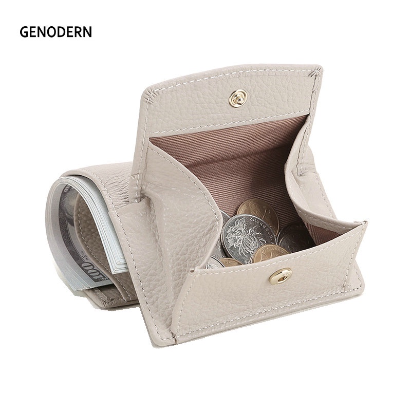 GENODERN RFID Blocking Women’s Wallet Genuine Leather Lady Purses Short Japanese-Style Multiple Card Slots Coin Purse Tri-Fold Wallet