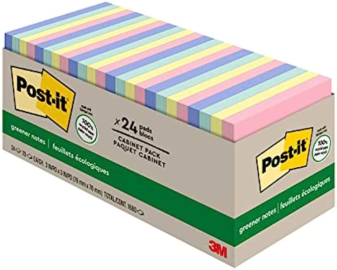 Post-it Greener Notes, 3x3 in, 24 Pads, America’s #1 Favorite Sticky Notes, Sweet Sprinkles Collection, Pastel Colors, Clean Removal, 100% Recycled Material (654R-24CP-AP)