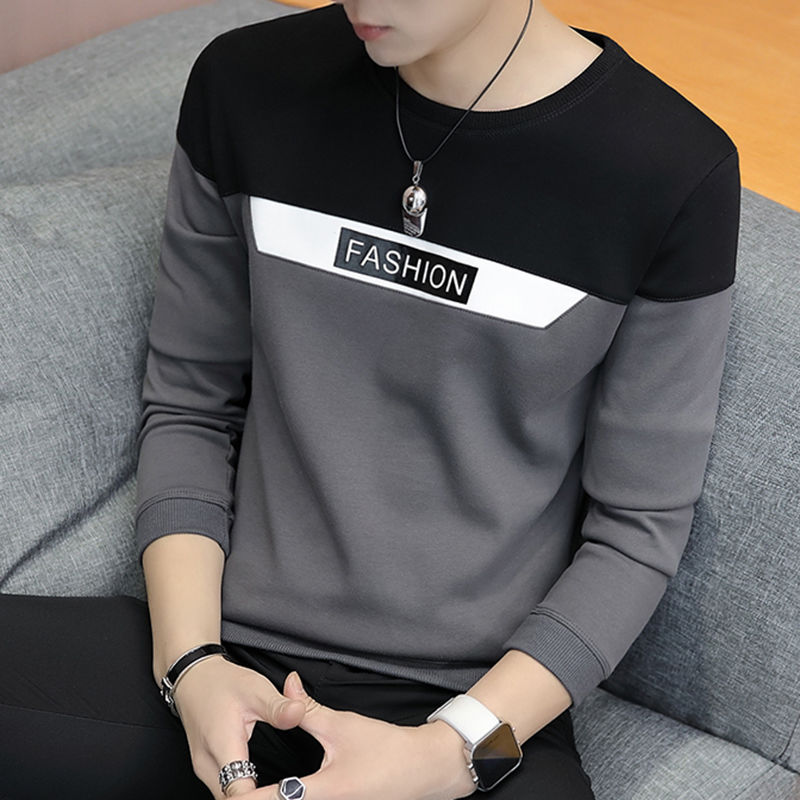 T-shirt men’s color matching Sweatshirt slim t-shirt men’s Long Sleeve Top Black Red