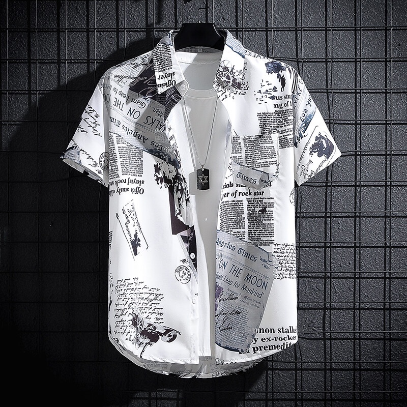 Summer Men’s Short-Sleeved Newspaper Shirts, Thin Graffiti Trendy Clothes, Printed Loose INS Trendy Tops. Half-Sleeved Shirt.