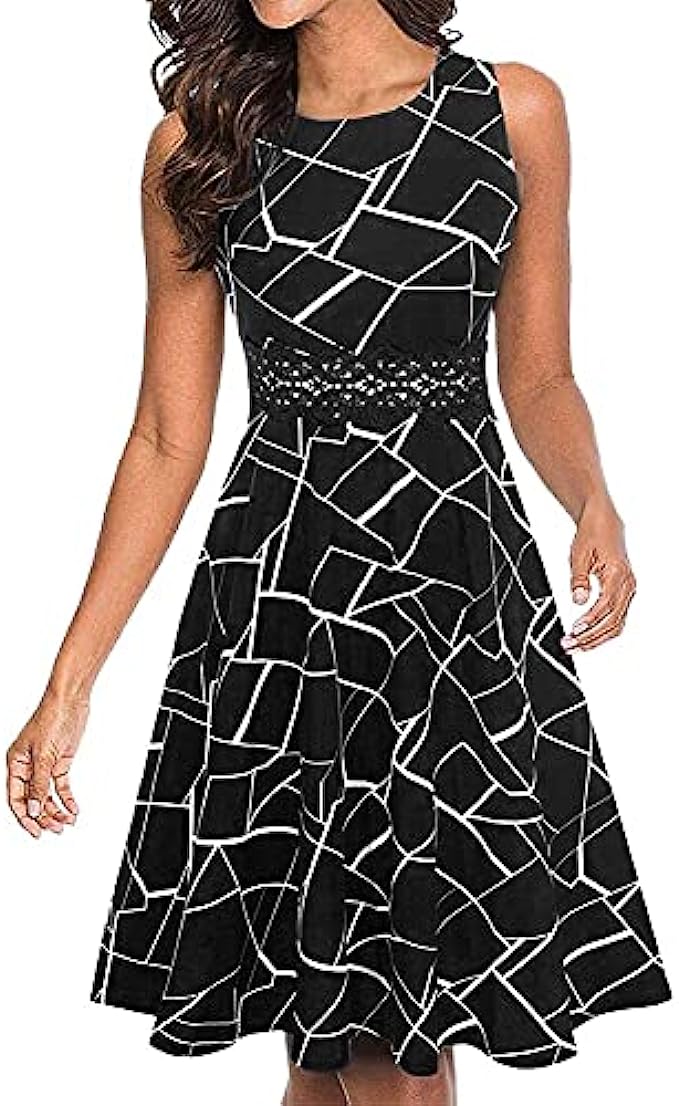 OWIN Women’s Vintage Floral Lace Flared A-Line Swing Casual Party Cocktail Dresses Sleeveless