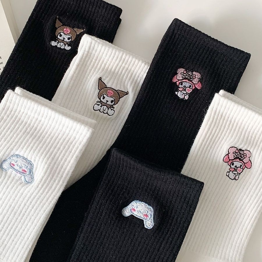 Cute Sanrio Black White Mid Tube Socks Japanese Cinnamoroll Kuromi My Melody Cotton Socks for Girls Women